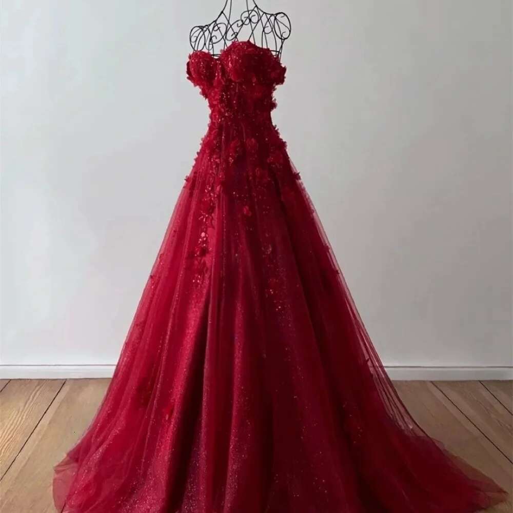 Cathy 3D Flowers Embroidery Strapless Wedding Dresses A-line Mesh Fabric Sleeveless vestidos de noche Form Formal Evening
