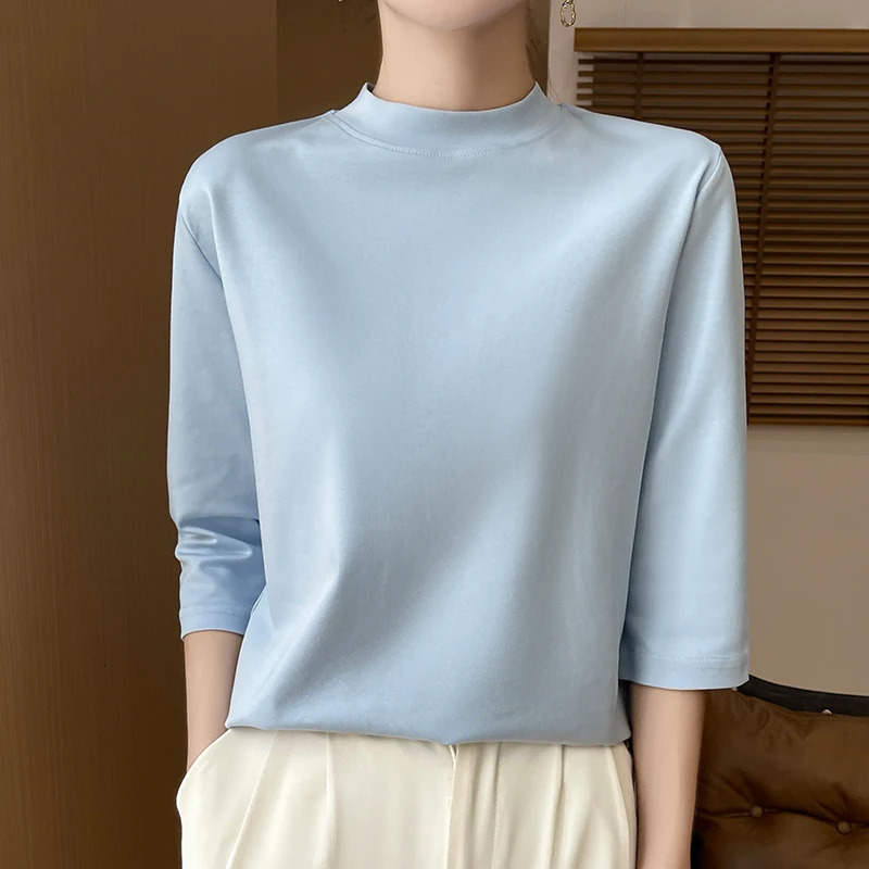 Summer And Autumn 100% Cotton Tshirt Womens SemiHighNecked Cropped Sleeves Loose Solid Color Bottoming Top 250513