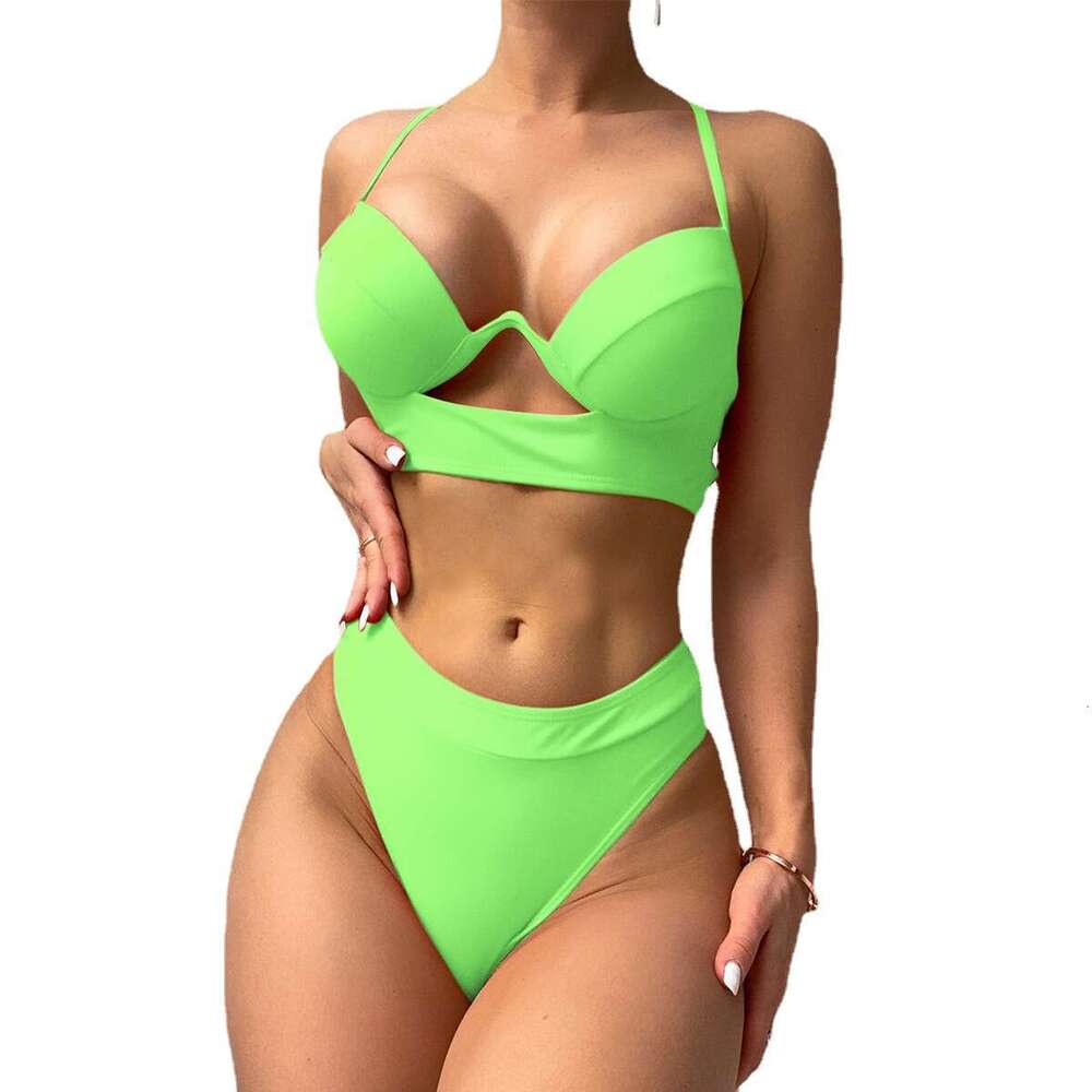 New European and American women's swimsuit one-piece steel support hard bag nylon solid color hollow sexy bikini 2025 temperament versatile new t