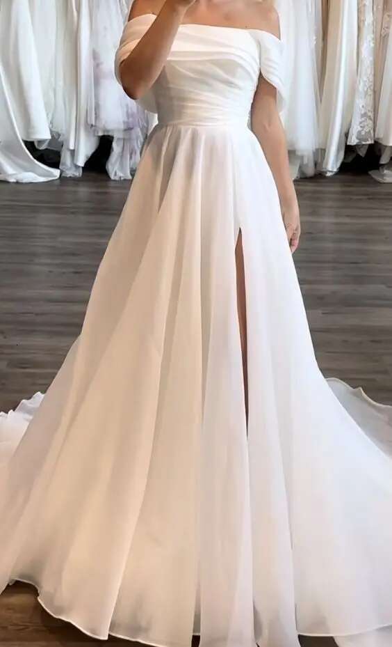 Elegant Off The Shoulder Organza Bridal Grown A Line Wedding Dresses Side Slit Custom Made Vestido De Noival