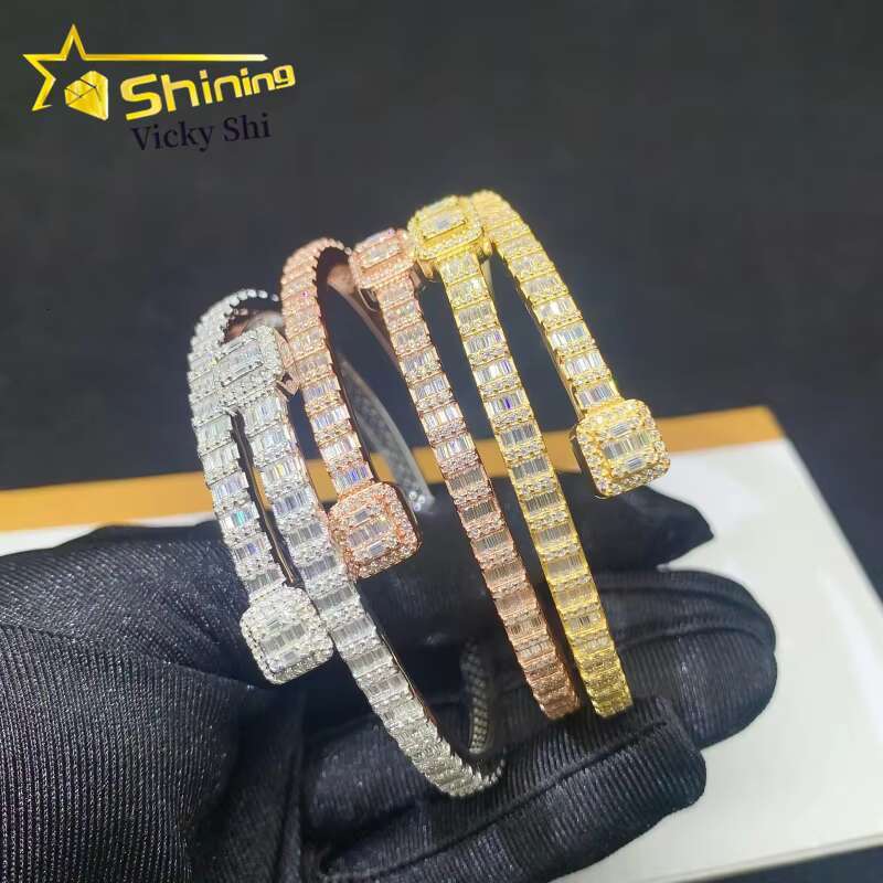 Worldwide Shipping Fine Jewelry S925 Silver Gold Plated VVS Baguette Moissanite Diamond Bangle Bracelet GRA Certificated
