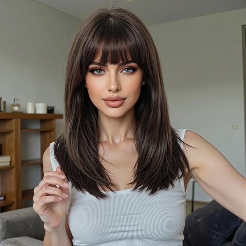 Professional Womens Dark Brown Long Straight Human Hair Wigs With Layers