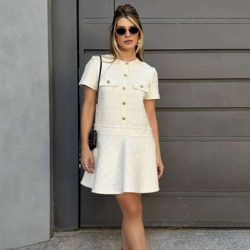 TRAF 2025 Women's Dress Mini Textured Summer Elegant Solid Button Short Sleeve Vestidos Fashion High Quality Dresses 066