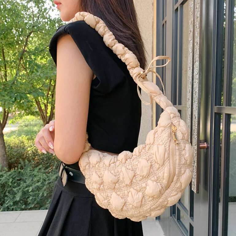 Pleated Cloud Bubble Satchel French Drawstring Shoulder INS Nylon Padded Handbag Women Quilted Down Crossbody Bag