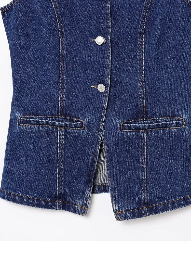Women Summer Denim Vests Coats 2025 Fashion Solid ONeck Single Breasted Female Elegant Street Slim Waistcoat Outerwear 250506