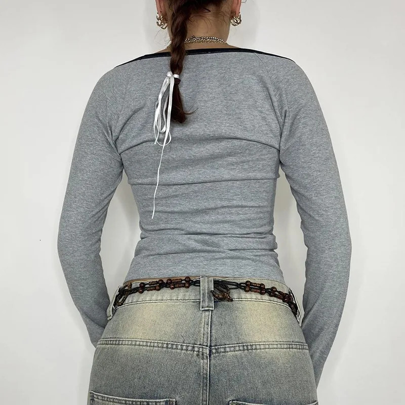 Spring Grey Womens Tshirt VNeck Long Sleeves Letter Print Crop Top Casual Fashion T Shirt Female Streetwear Sexy Cropped Tops 250513