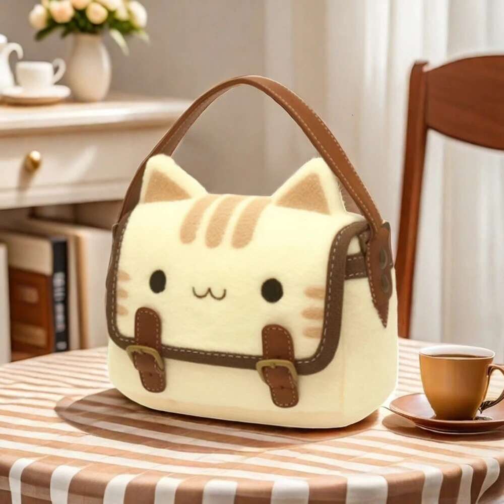 Cute Plush Cat Handbag Adorable Stuffed Animal Hand-Made Backpack Large Capacity Shoulder Bag Cartoon Daypack For Kids Girls
