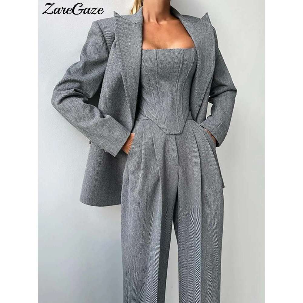 Casual Solid Women's Blazer Coats Pants 3 Pieces Sets Elegant Long Sleeve Coat Fishbone Top High Waist Wide Trousers Lady Suits