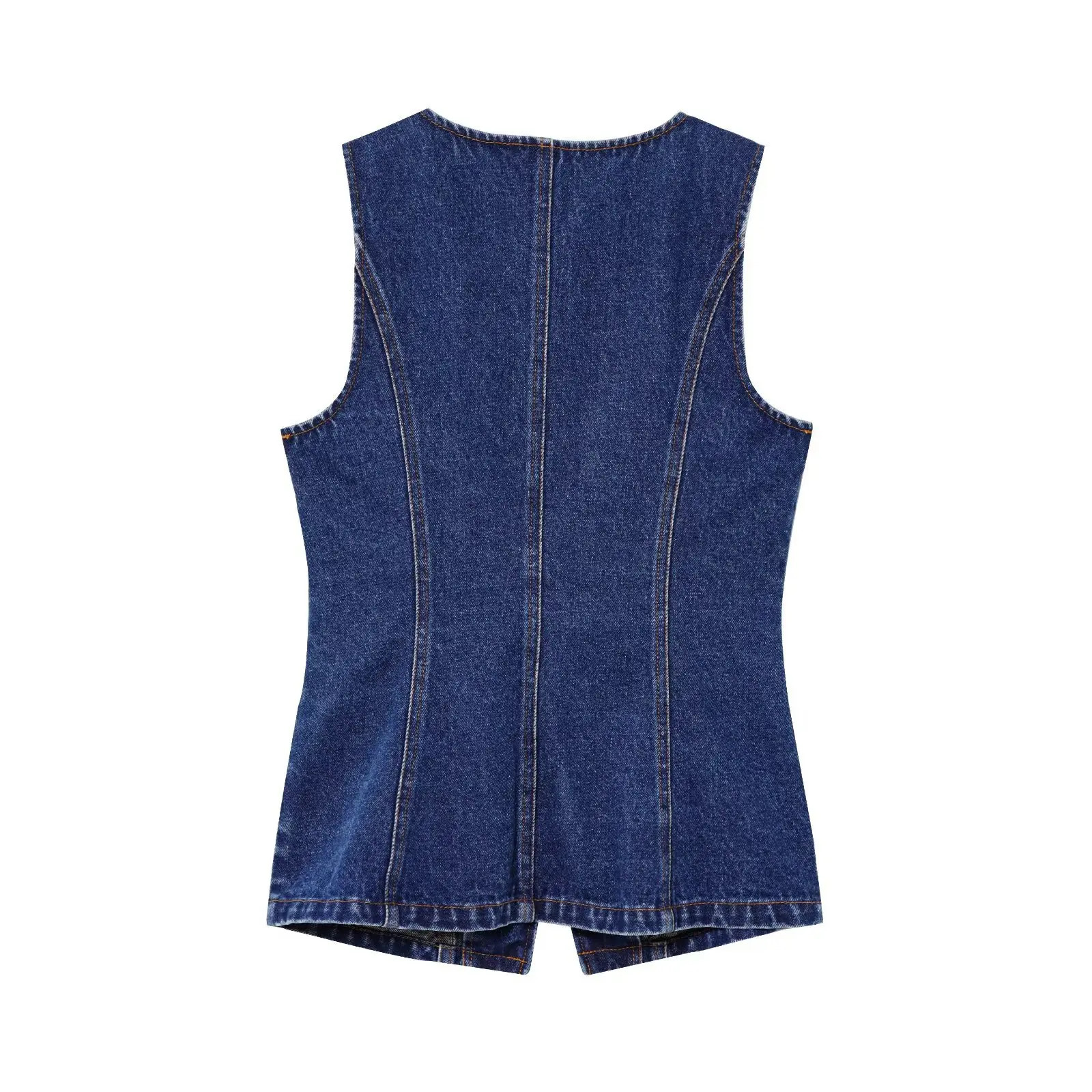 ZBZA Womens Slimming Denim Tank Top Round Neck Sleeveless Single Chest High Waist Solid Pocket Cut Summer Fashion 250506