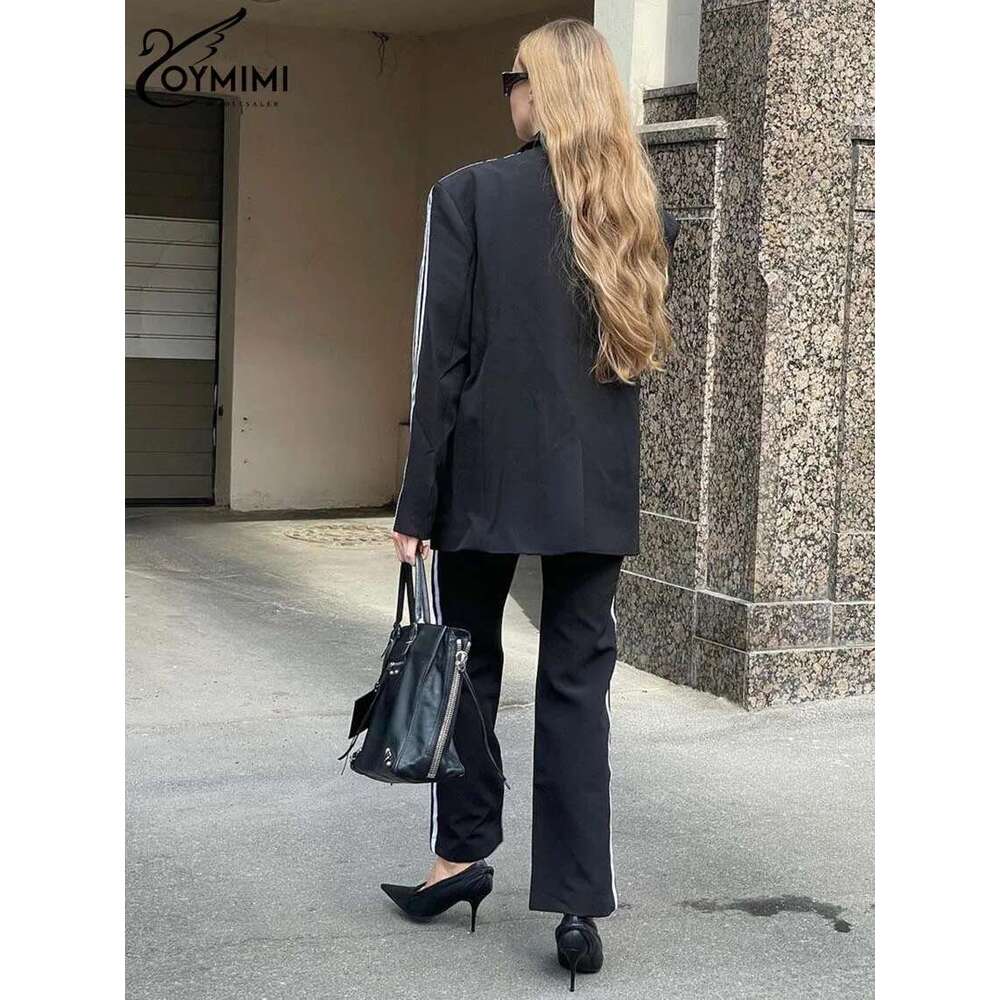 Oymimi Fashion Black Patchwork For Women 2 Pieces Elegant Long Sleeve Pockets Button Shirts And High Waist Trousers Sets