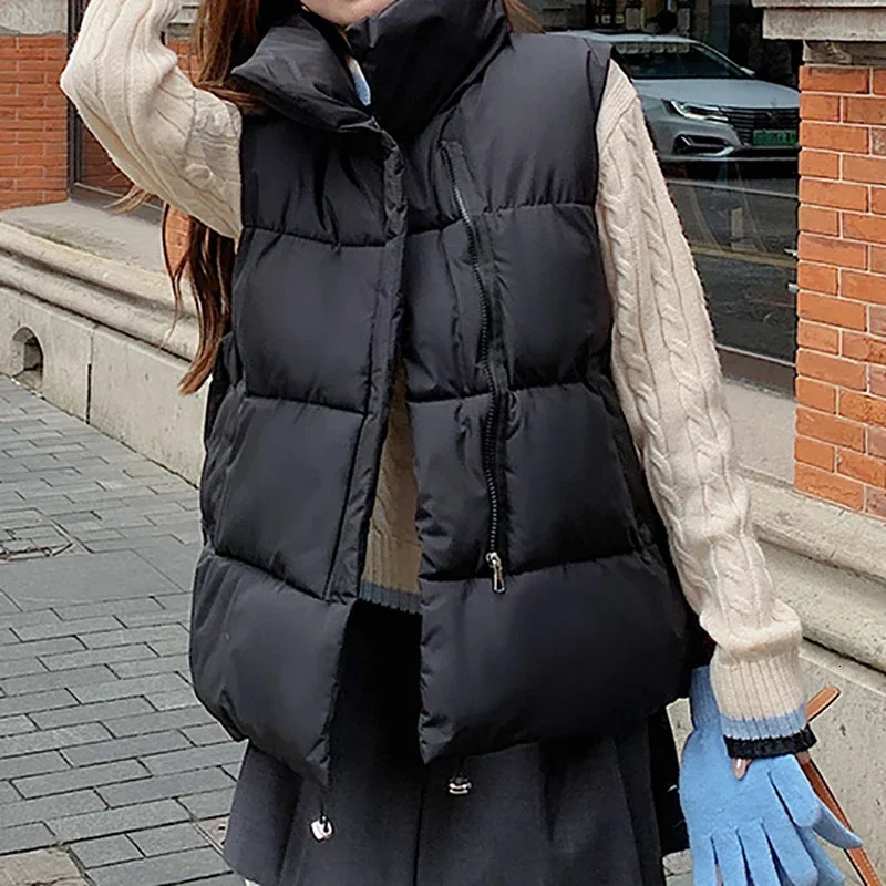 Women Casual Puffer Jackets Zipper Thicken Warm Jacket Mock Neck Pocket Solid Thermal Coat Vest For 2023 Fall Winter 250506