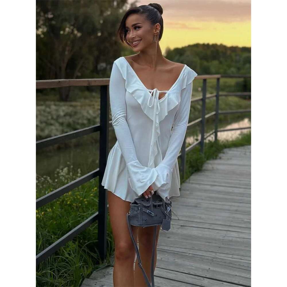 Ruffled Lace-Up White Mini Women's V-Neck Patchwork Long Sleeve Sexy Slim Bandage Elegant Female Summer Dress