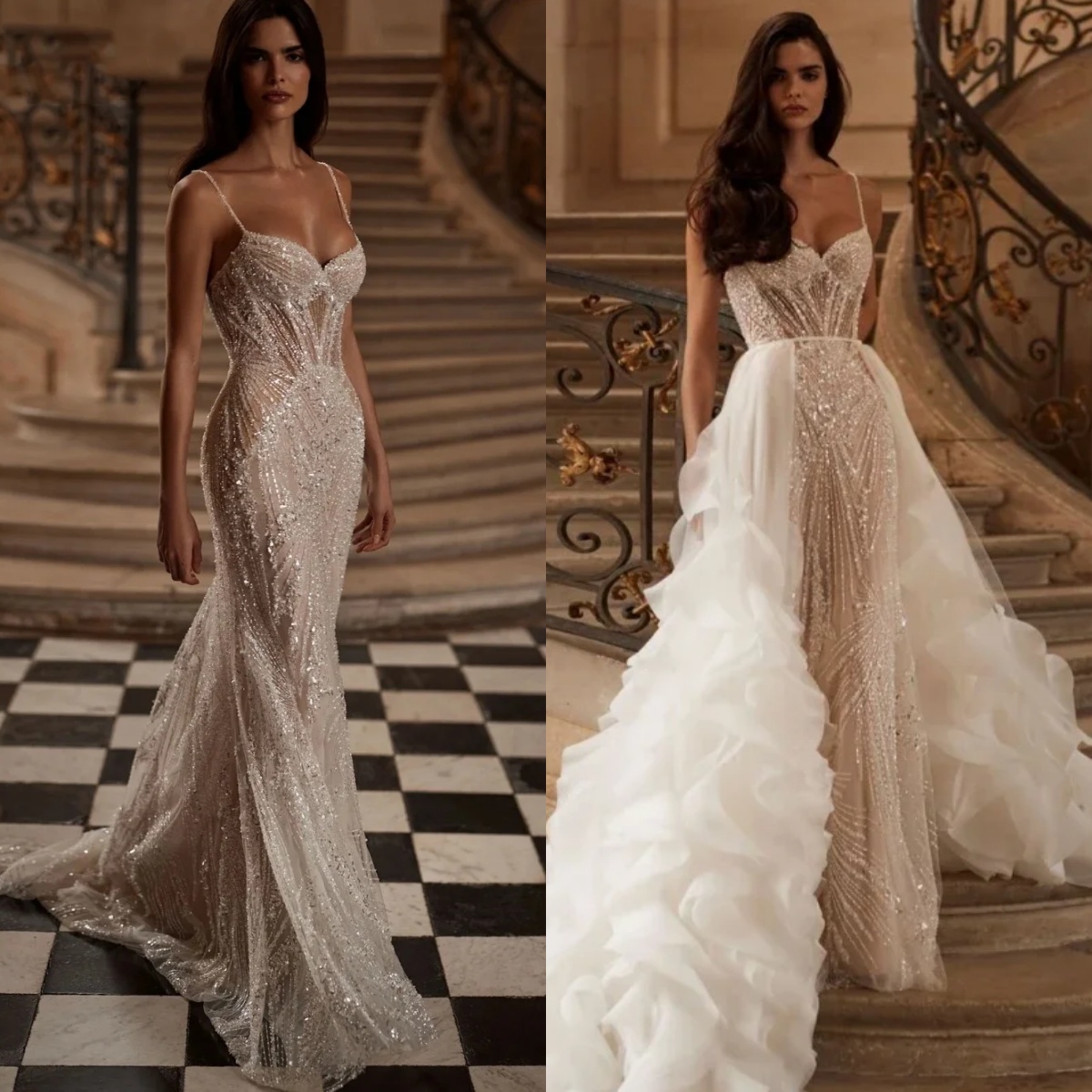Simple Sequins Wedding Dress Spaghetti Straps Mermaid Bridal Gowns Sleeveless Illusion Backless Bride Dresses Customized Plus Size Vestido de novia