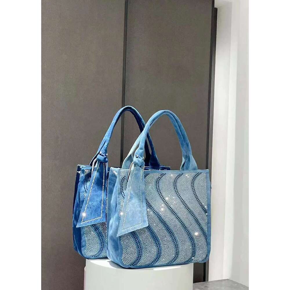 New Vintage Denim Jeans For Women Handbags Zipper Shine Rivets S Rhinestone Purse Woman Totes Female Shoulder Bag