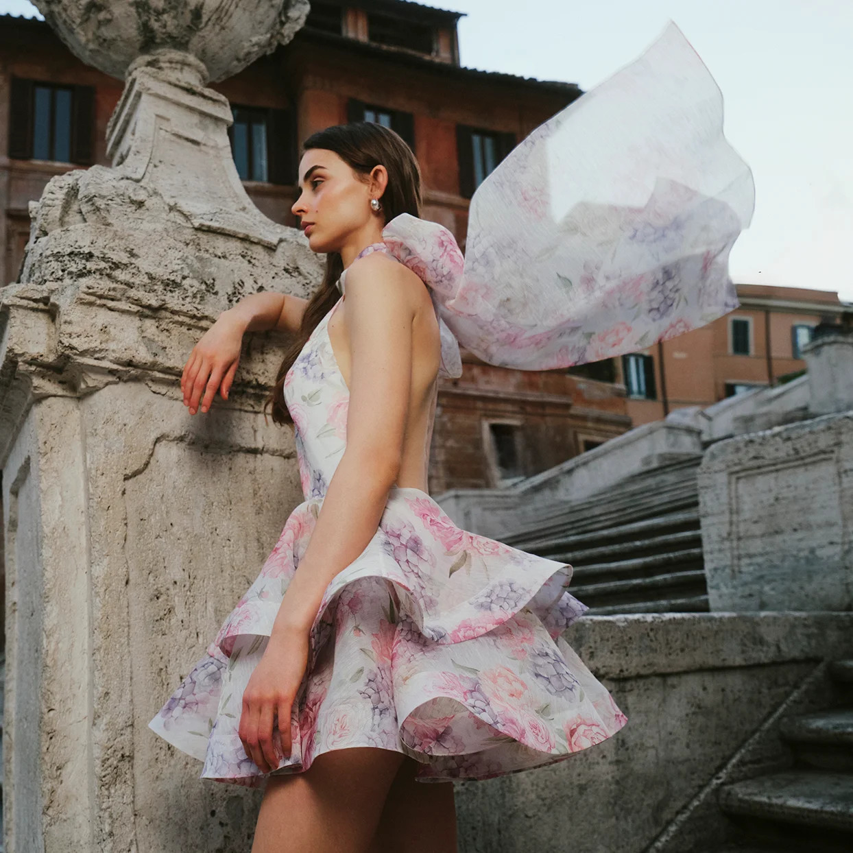 Chic Floral Printed Mini Dress Backless Sleeveless Hem Stacking Dresses Sweet A Line Vestidos Lady Party Club Clothing 250513