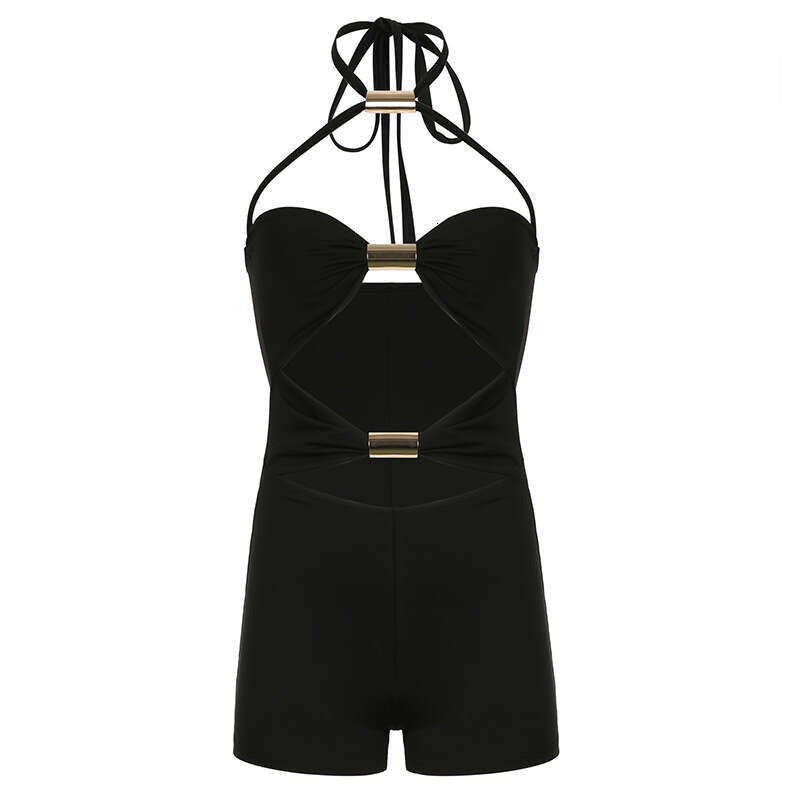 Women's New Personalized Hollowed Out Metal Pipe Splicing With Contrasting Bow Tie Hanging Neck Jumpsuit Shorts B5