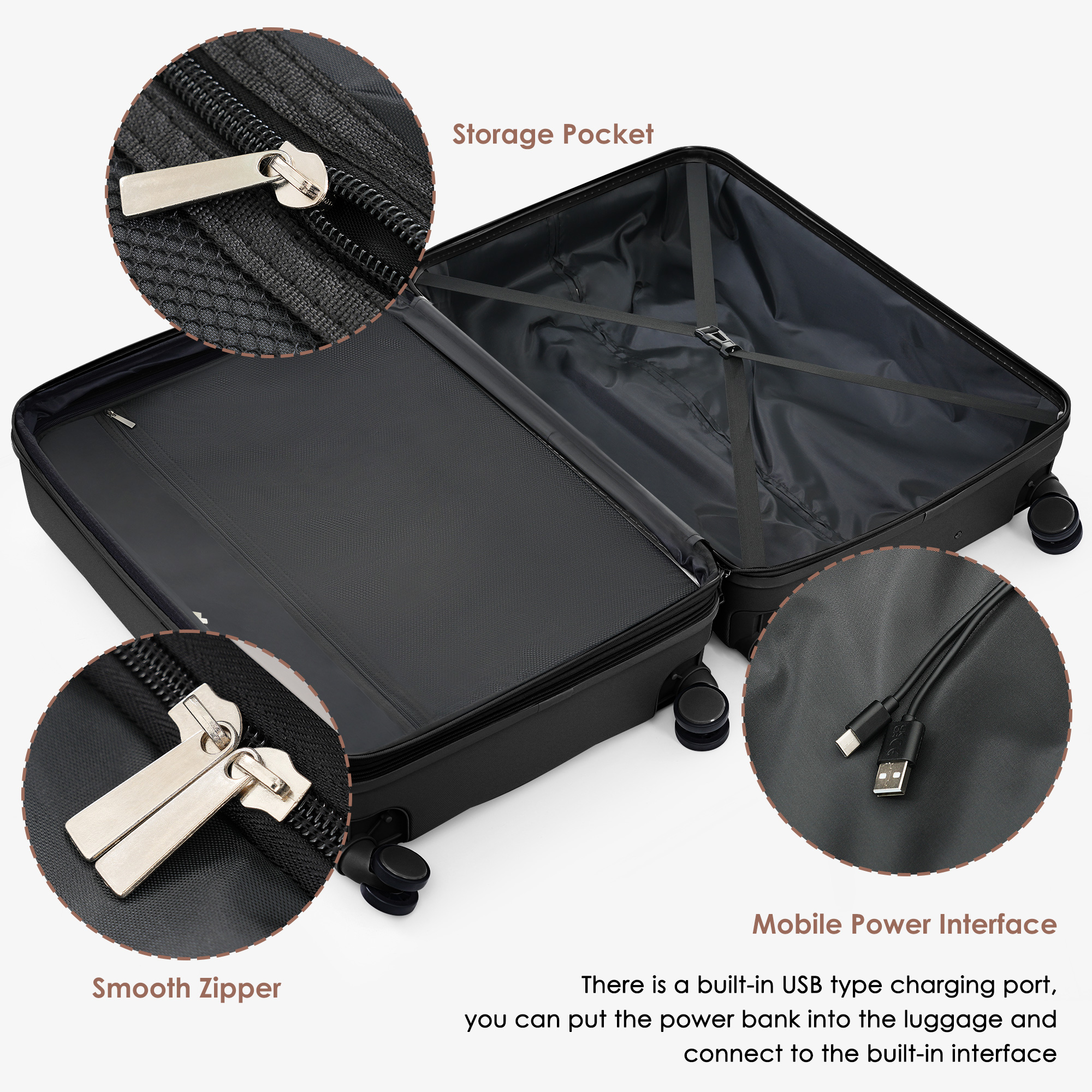 usba port 3piece luggage set frontopening design for easy passport laptop access 20 24 28inch luggage suitable for personal and family travel tsa lock