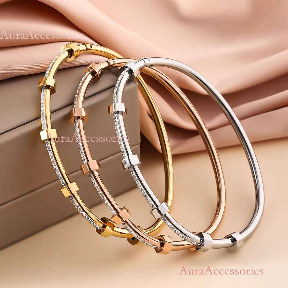 Geometric Crystal Double Layer Open Bracelet for Women Stainless Steel Cuff Bangles Fashion Party Jewelry Gift