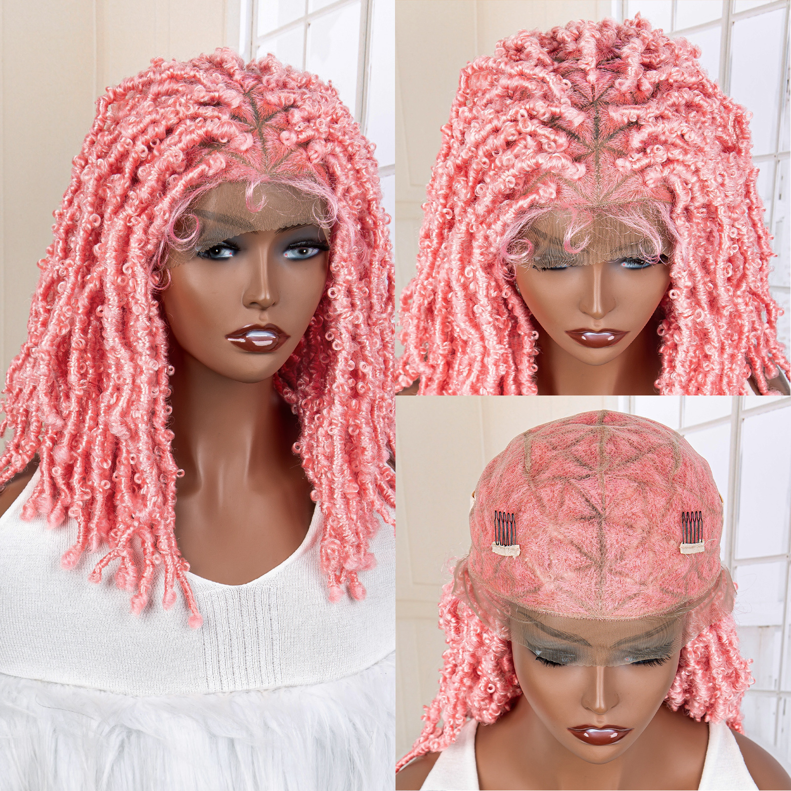 Pink Synthetic Full Lace Braided Wigs Knotless Crochet Hair Wig for Black Women Colorful Butterfly Locs Box Braiding Wigs