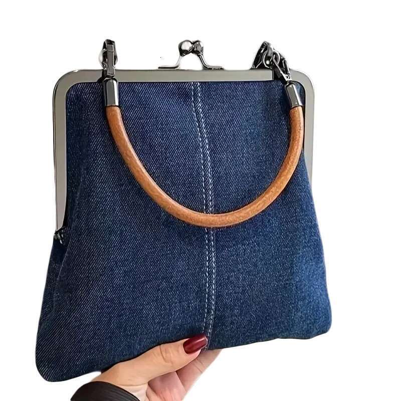 Women Denim Handbag With Kiss Lock Clasp Vintage Coin Crossbody Purses Bag For Lady Outdoor Portable Wedding Shoulder Bags