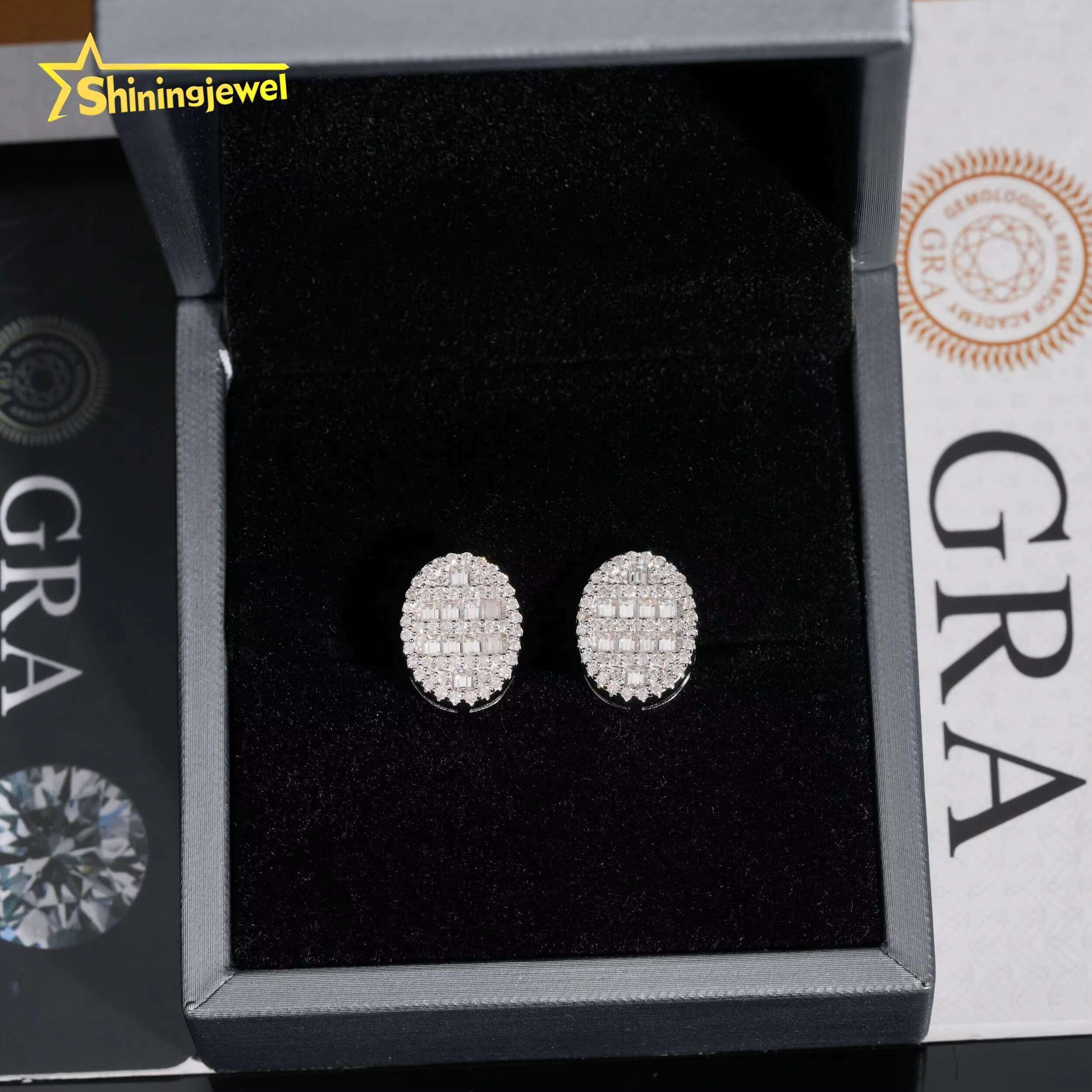 Baguette Cut Iced Out Moissanite Earrings 925 Sterling Silver Hip Hop Ear Rings with Diamonds for Men Women Oval Stud Earrings