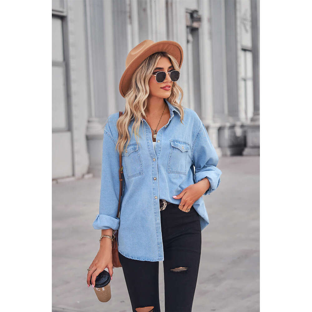 Manufacturer direct sales of European American new light colored slimming denim long sleeved shirt for women in 2025, with a unique and elegant temper