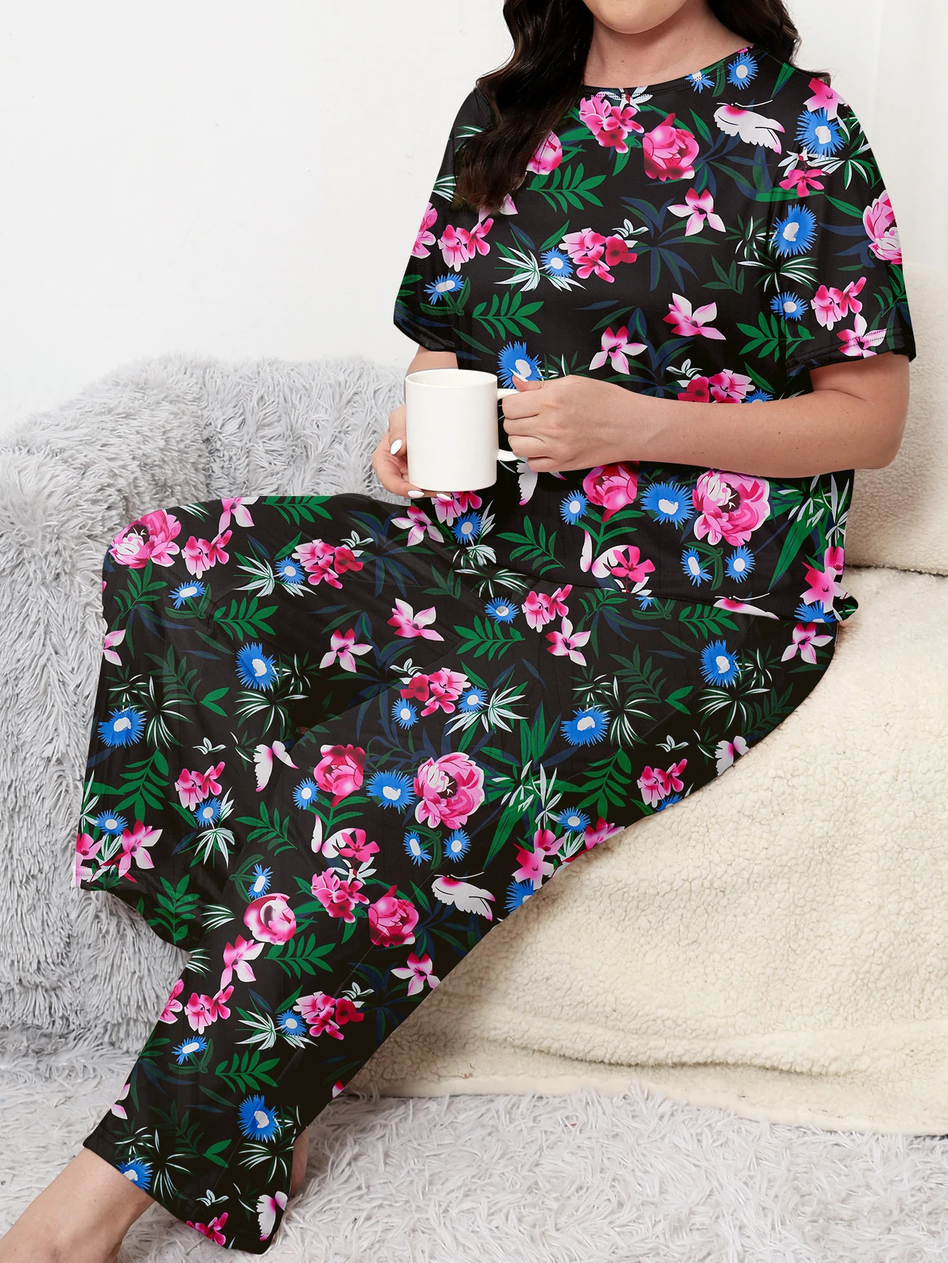 Plus size pajama clothing plus home set short sleeved long pants can be worn with milk silk mater 250506