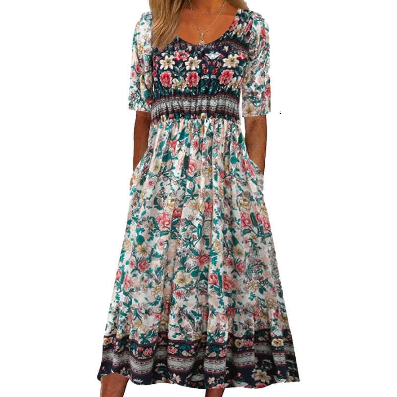 Women Clothes Dress Summer New Round Neck Short Sleeve Long Bohemian Printed Dress Women S KQ