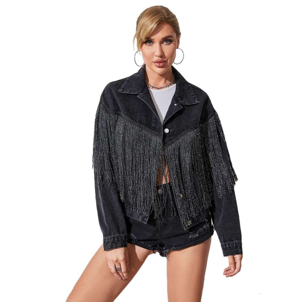 Women's Boyfriend Denim Long Sleeve Oversized Fringe Jean Jacket Coats