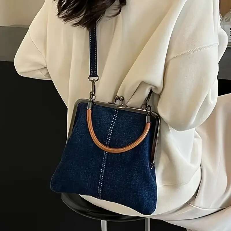 Women Denim Handbag With Kiss Lock Clasp Vintage Coin Crossbody Purses Bag For Lady Outdoor Portable Wedding Shoulder Bags