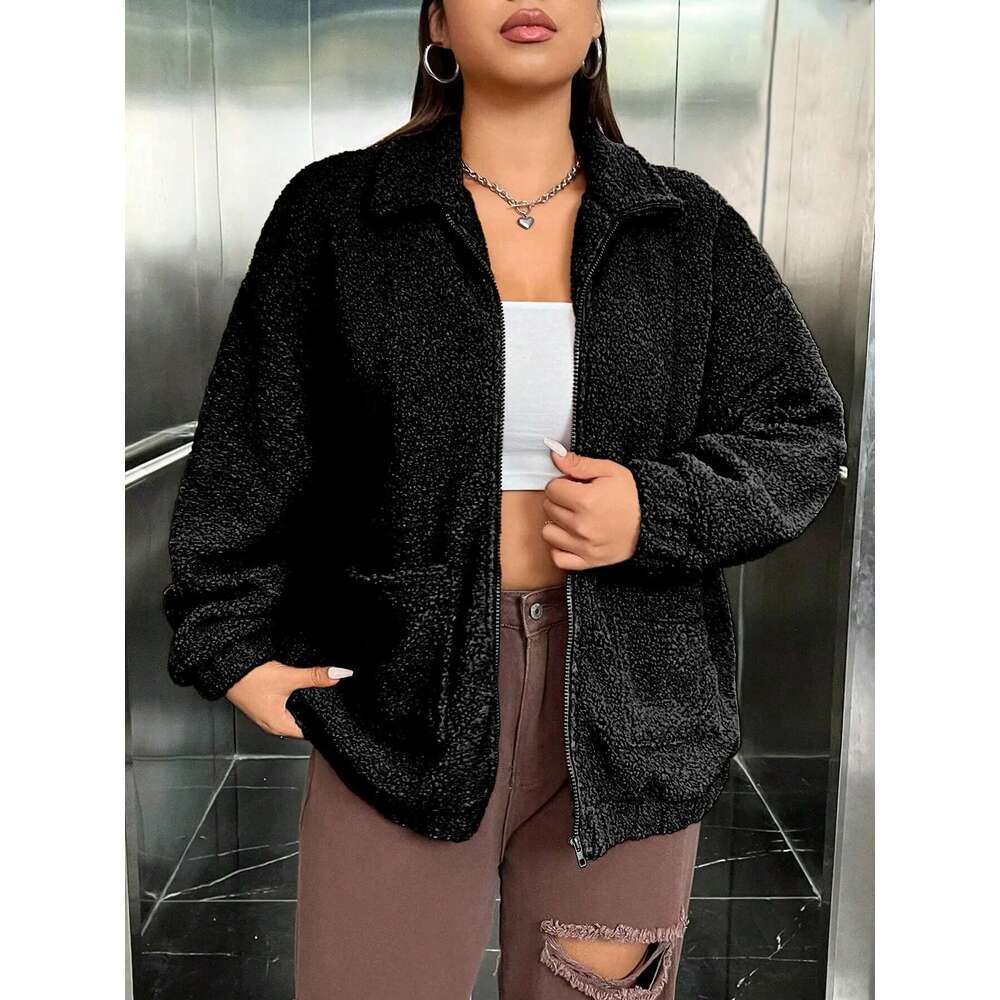 European American cross-border plus size autumn and winter new lapel pocket zipper versatile fleece jacket