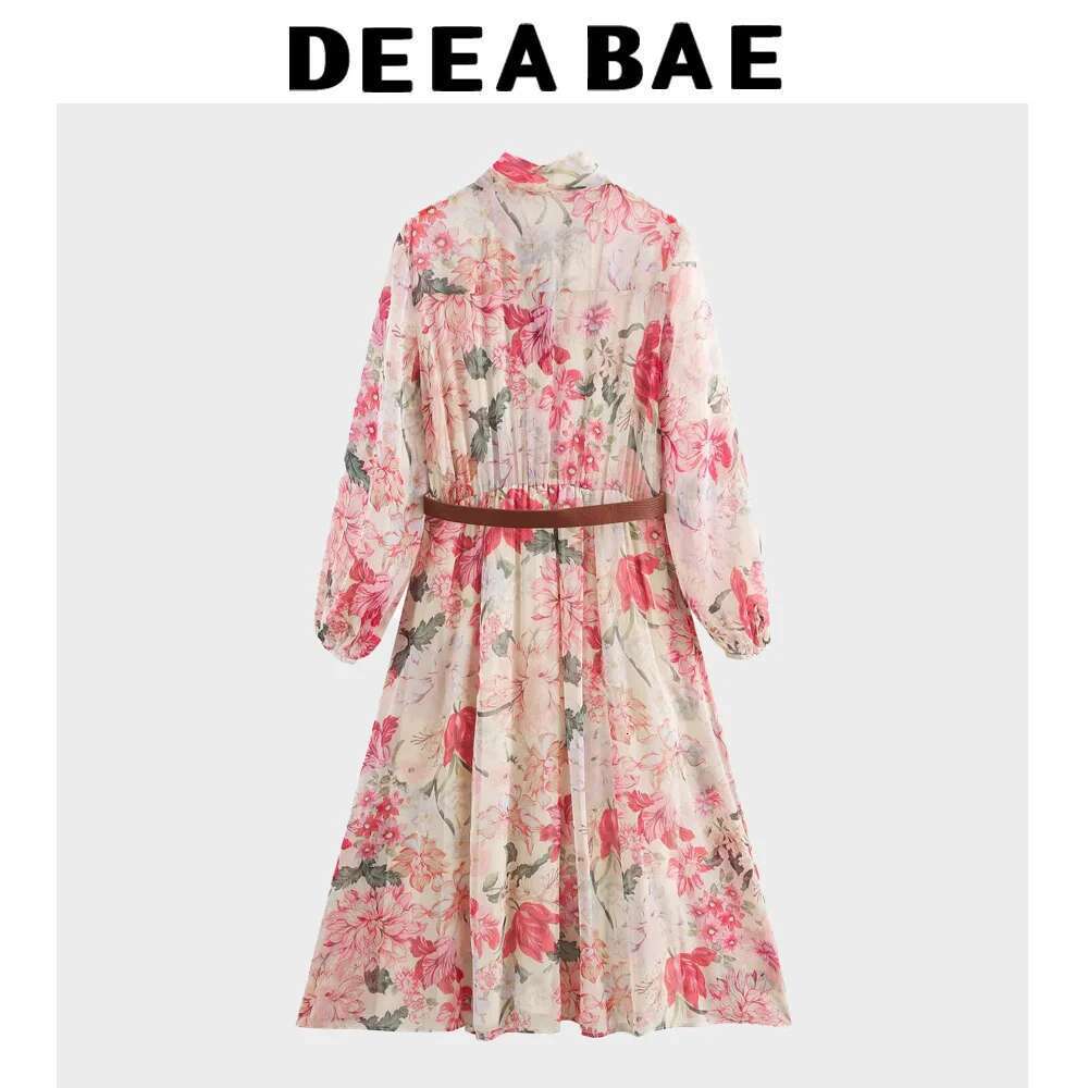 DEEABAE New French Platycodon Tea Break Floral Bow Tie To Reduce Age And Sweeess With Belt Flower Print Midi Dress