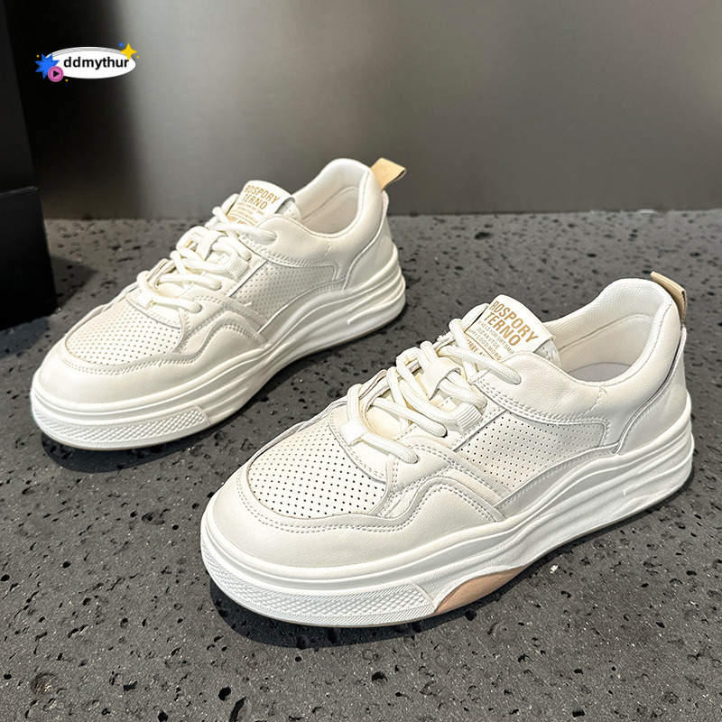 Real leather white shoes for women 2025 new summer mesh breathable board shoes, paired thin skirts, versatile with one foot pedaling ddmythur