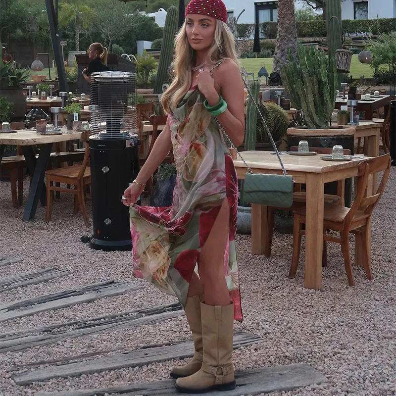 Floral Printed Suspender Dress Sexy Backless Womens Halter Dresses High Waist Split Maxi Fashion Robe Summer 250513