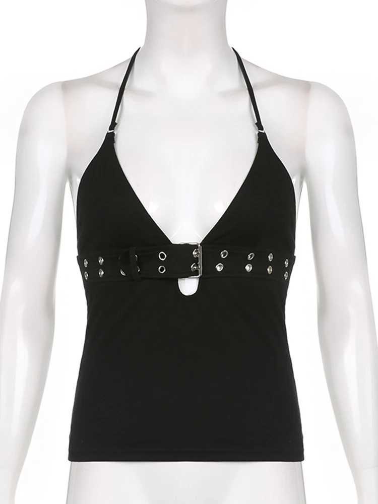 Sweetown Backless Hollow Out Bandage Sexy Camisole Womens Eyelet Punk Goth Techwear Black Crop Tops Deep V Neck Sexy Tank Vest M250513