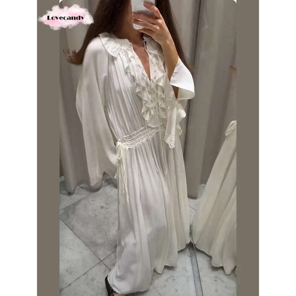 Elegant White Ruffles V-neck Maxi Dress Women Fashion Long flare Sleeve High Waist Loose Vestidos 2025 New Lady Street Dresses