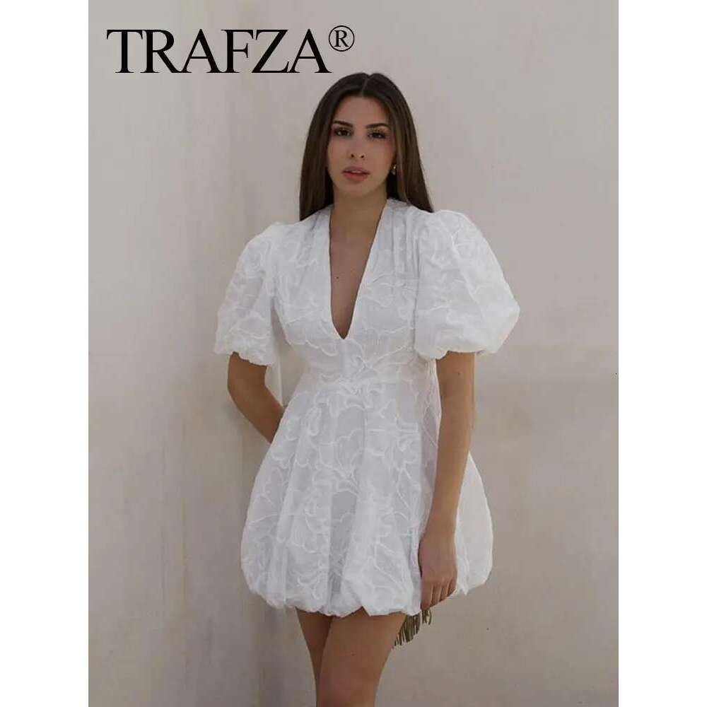 TRAFZA Women Elegant White Dress Short Sleeve V Neck Embroidered Mini Dresses Summer Female Casual Streetwear Vestidos TRAF