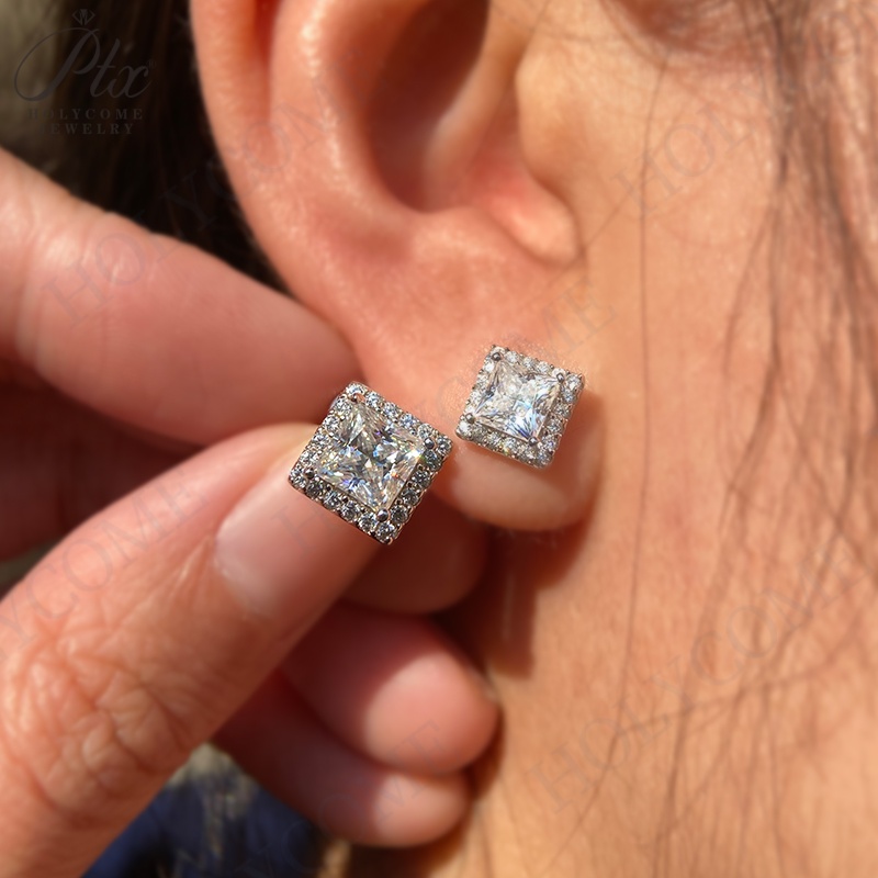 Fashion Moissanite Earrings Luxury S925 Silver D VVS Pass Diamond Tester 1 Carat Princess Cut Halo Studs Women Bridal Jewelry