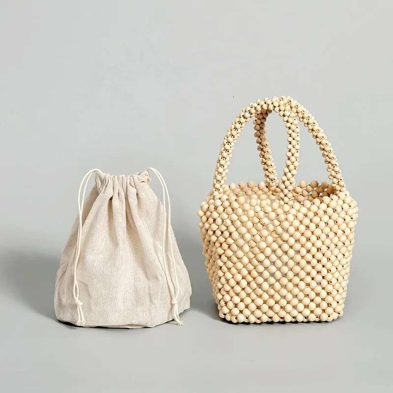Designer Bag 2025 Vintage Women Japanese Fashion Wood Beads Bucket Tote Beige Wooden Beaded Ladies Designer Handbag Luxury Bag