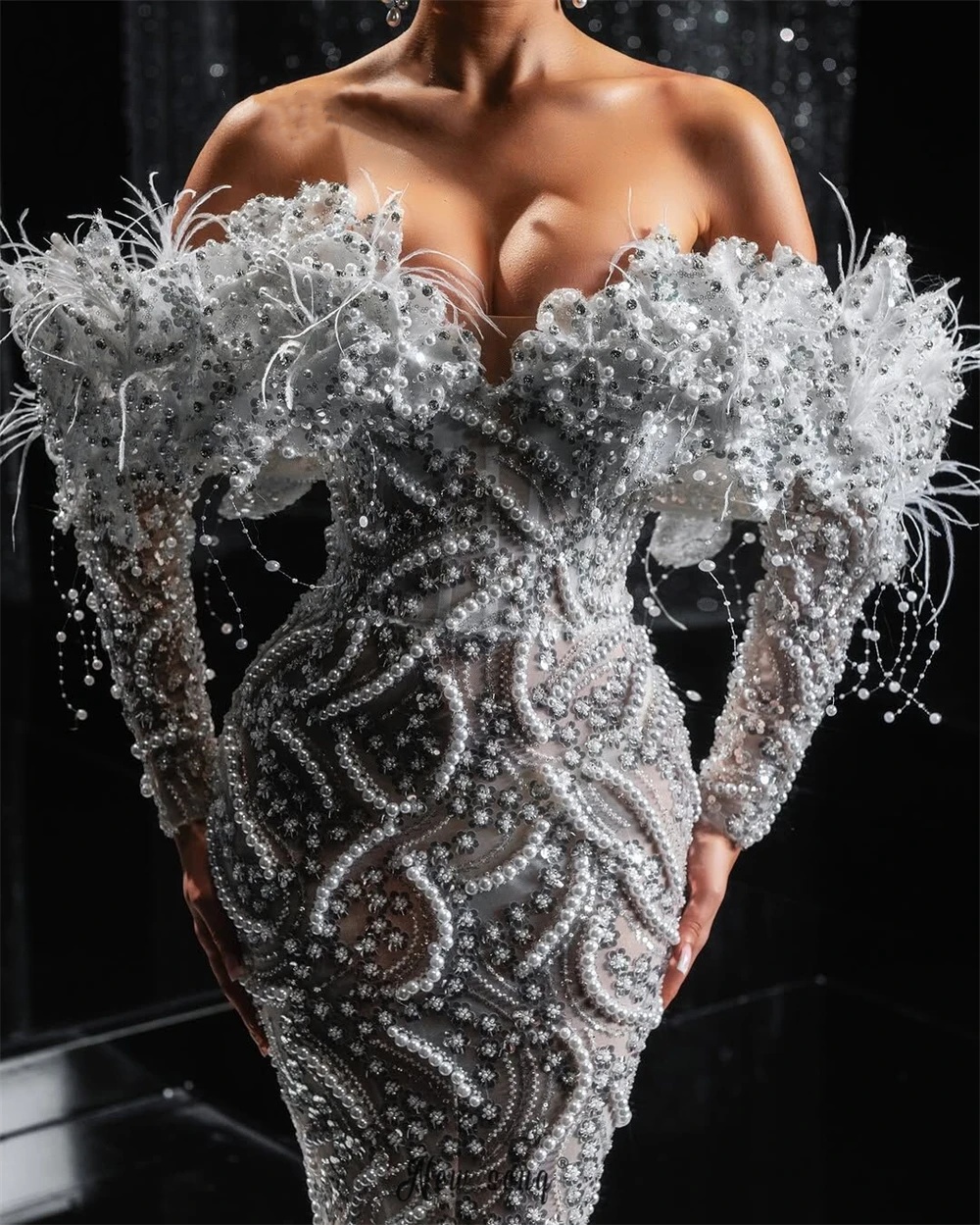 Modern Wedding Dress Off Shoulder Pearls Mermaid Bridal Gowns Sequins Long Sleeve Illusion Bride Dresses Customized Plus Size Vestido de novia