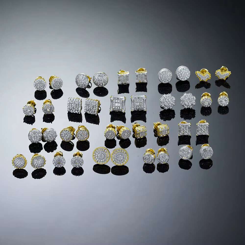 Hip Hop Custom Jewelry 8mm Iced Out Cubic Zircon Gold Plated 925 Sterling Silver Baguette Round Stud Earrings