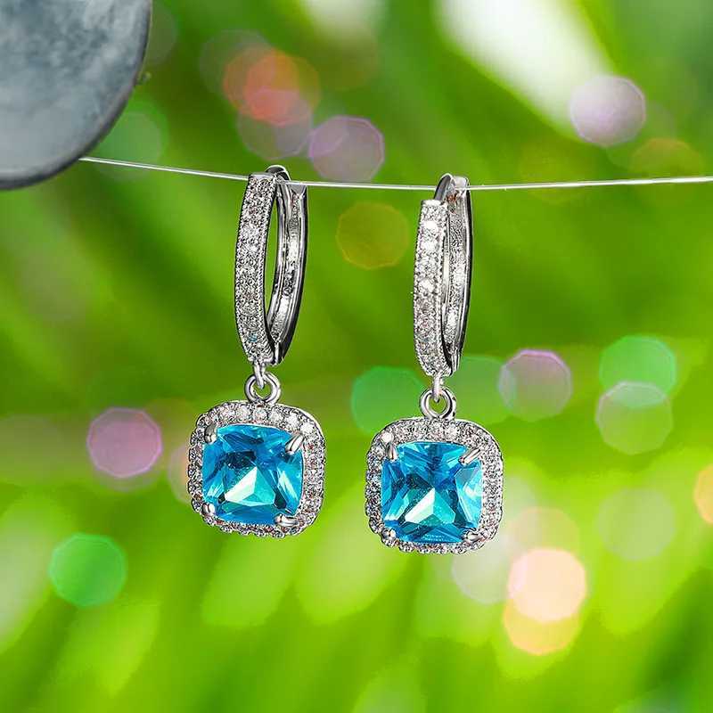 Vintage Female Blue Crystal Stone Classic Silver Color Hoop Earrings Dainty Bridal Square Wedding Jewelry For Women Y250510