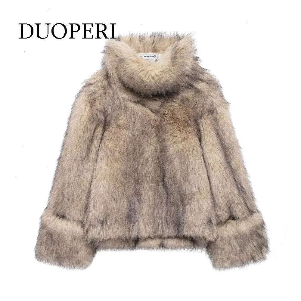 DUOPERI Women Fashion Winter Faux Further Pullover Hoodies Outifts High Collar Female Chic Lady Casual Coat Jacket Mujer Designer