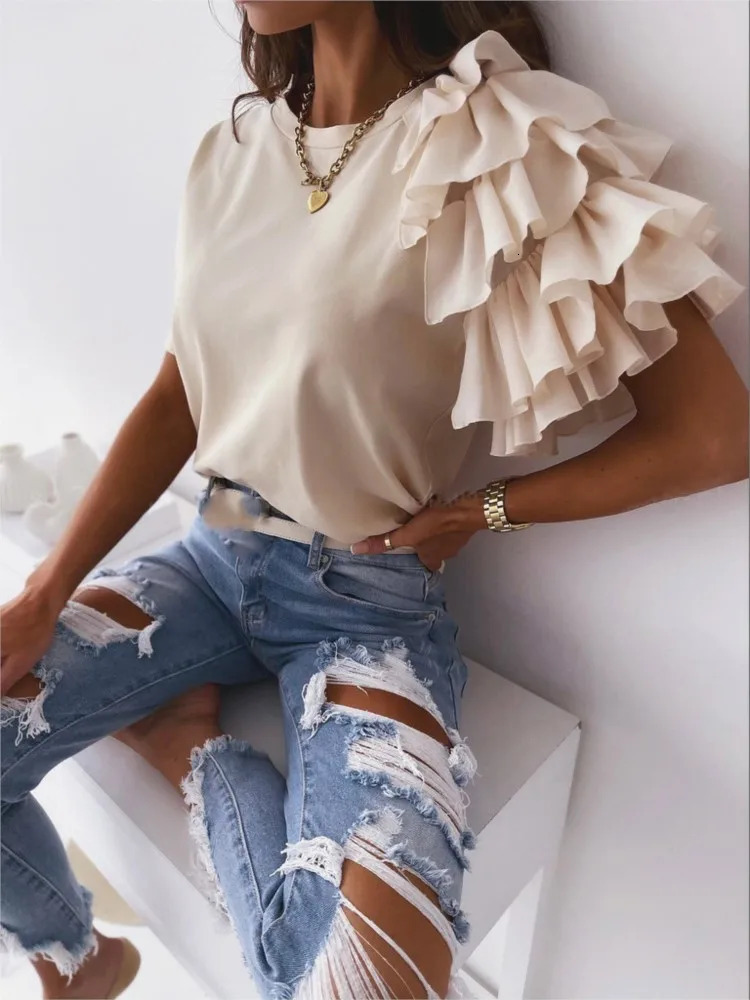 Summer Simple Fashion Womens Tshirt Ruffled Shortsleeved O Neck Elegant Casual Top T Shirts Tshirts Women Clothes 250513