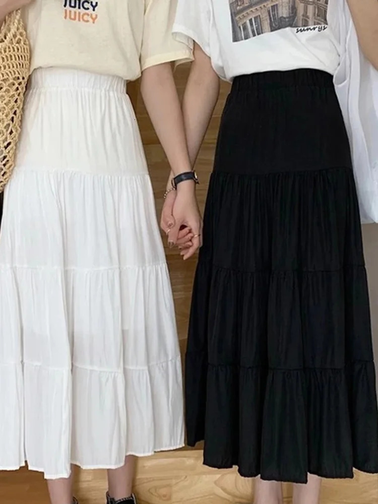 Spring Summer Women Chiffon Skirts Vintage High Waist Elastic Patchwork White Black Chic Long Cake A-line Skirt for Student 250513