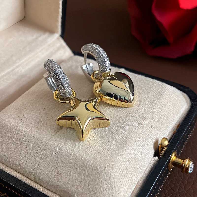 New Vintage Asymmetric Zircon Heart Star Hoop Earrings for Women Luxury Micro Inlaid Crystal Gold Silver Color Earrings Jewelry Y250510