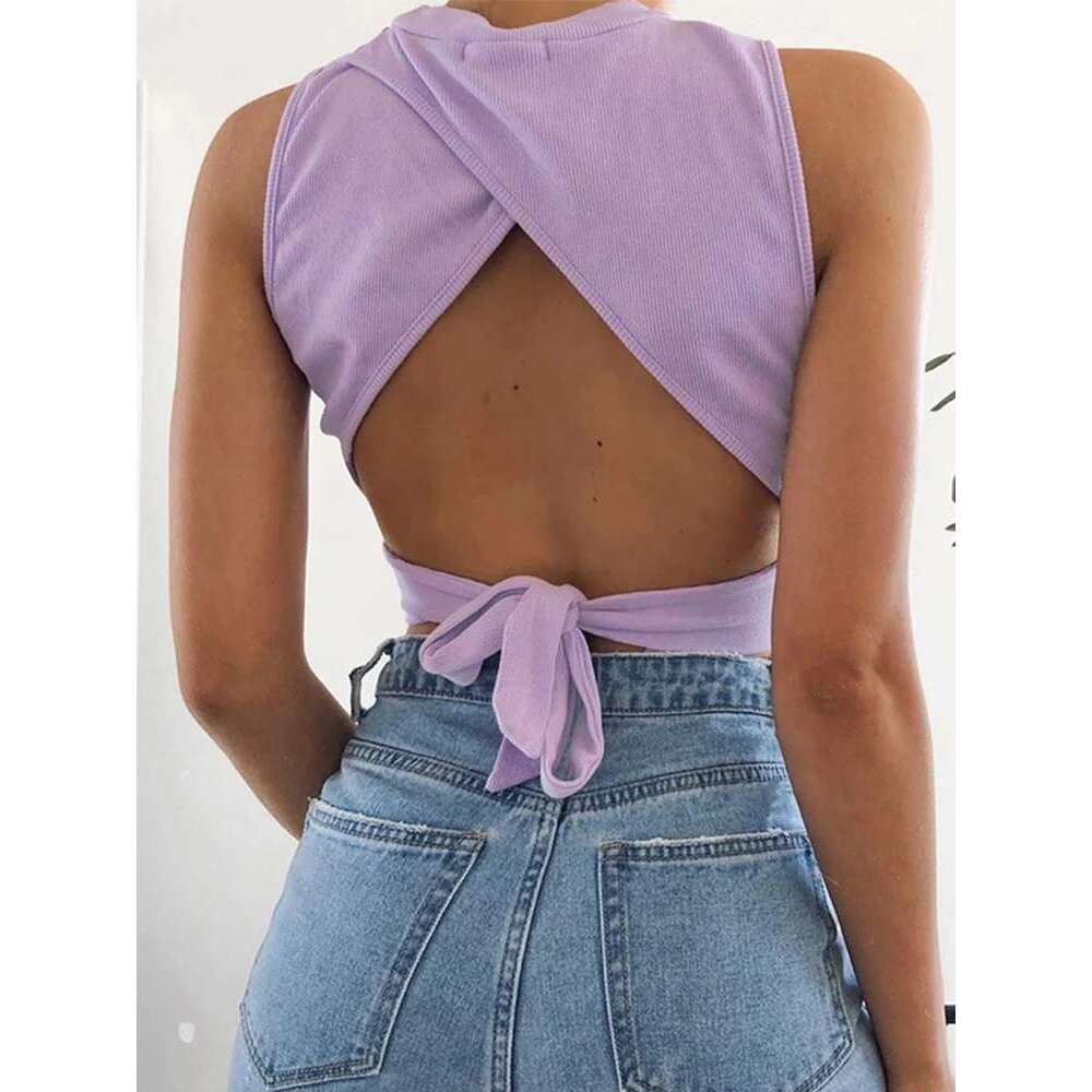 Sexy Backless Women Tank Bandage Slim Crop Summer 2025 Casual Streetwear Tops Solid Cotton Soft Criss Cross Top