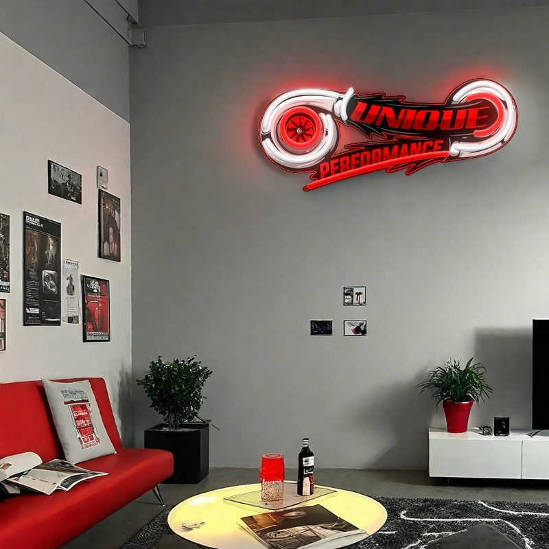 Glowing Neon Turbo Sign with Motorcycle Wheel Design, UV Pattern Printing, USB-Powered Wall Art for Bars, Garages, for Man Caves, And Home Decor,