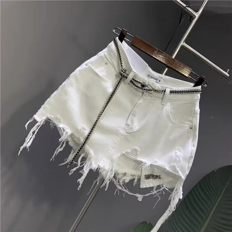 Korean White Raw Irregular Denim Skirt Womens AntiWalk Naked Hole Pocket Exposed Short 250513