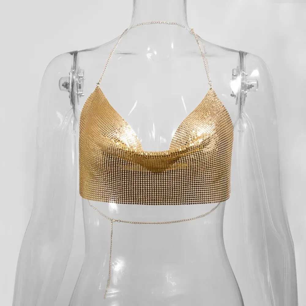 Sexy Summer Sequin Metal Crop Tops Suspenders Halter Backless Night Club Tank Top New Women Clothing Fashion Y2k Tops M250513
